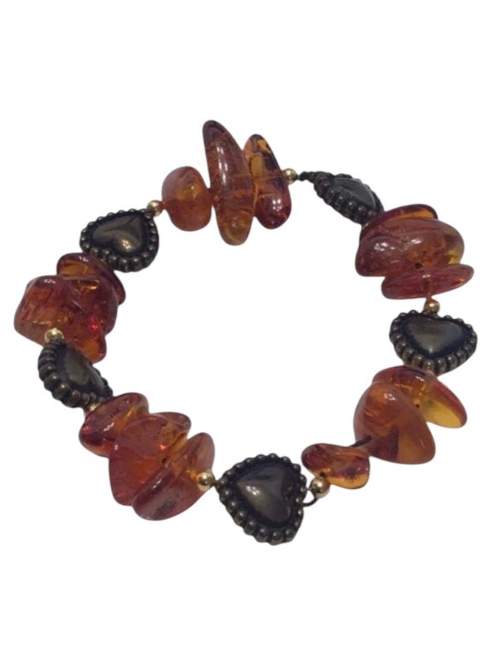 Handmade Amber like Beads and Heart Charm Elastic Bracelet.